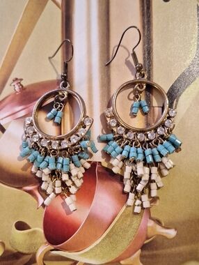 Boho Turquoise & White Beaded Hoop Dangle Earrings